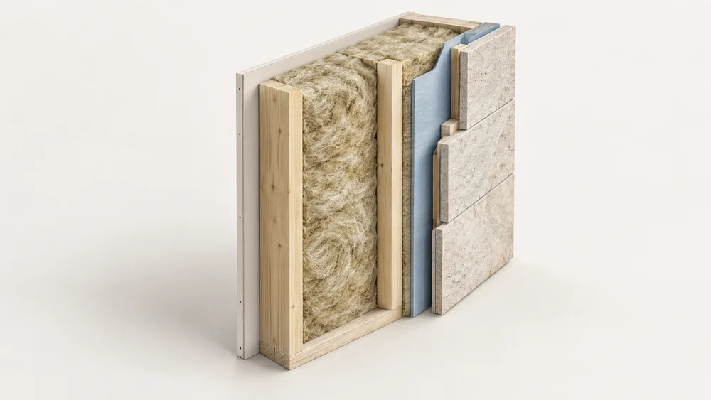 Illustratieve doorsnede van een geïsoleerde houtskeletwand met isolatiemateriaal, houten regelwerk, folie en afwerking